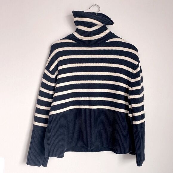 GAP Striped Navy White Cropped Oversized Slouchy Cotton Sweater XXS Nautical New - Picture 3 of 11